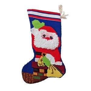 Vintage Needlepoint Christmas Stocking Handmade Santa‎ in Chimney Kitsch Retro